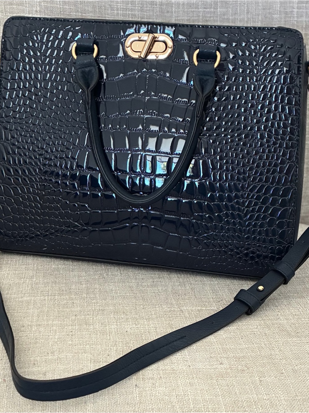 Patent Croc-Embossed Navy Satchel Handbag